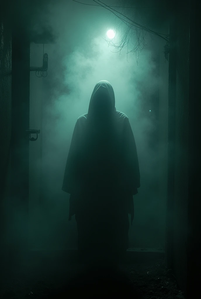 A dark, eerie scene with dim lighting. The silhouette of a person is barely visible in the center, surrounded by an ominous, swirling mist. In the background, faint shapes and shadows suggest an unseen presence. The atmosphere is heavy, with a sense of impending doom. Overlaid text reads: 'Tahukah kamu? Jin bisa tinggal di 7 bagian tubuh kita.' The text is glowing faintly, adding to the mysterious and foreboding mood