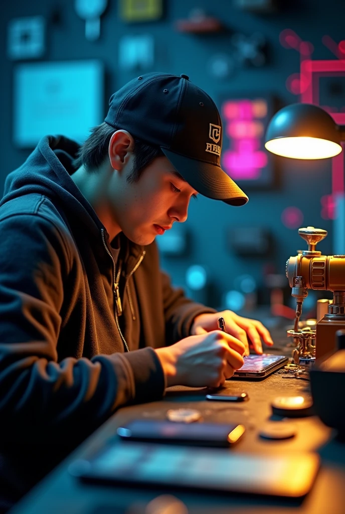 Young technical cell phone repair specialist without glasses wearing a cap. In his workshop with soldering tools, hot air station heat press, and repairing a cell phone with a lit background technology theme.