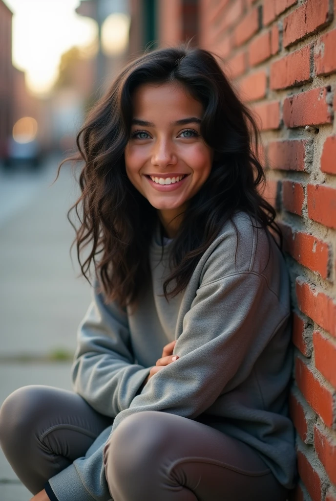 19-year-old age girl smiling beautifully, slightly curly black hair, blue colored eyes, big natural breasts, squatting against a brick wall in the city, wearing a sweatshirt and leggings, very innocent look, full body view, various poses, distance to the viewer, (looking at the camera), ((warm lighting)), hd video, 2K resolution, very beautiful hourglass body shape, and a top-down camera