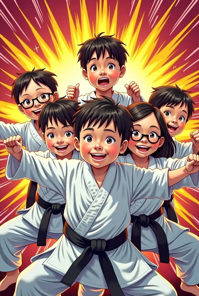 advertising poster for karate classes, children's karate classes, all dressed in White kimonos with no logos, are posing for a photo in front of a black belt. The team is smiling and happy, and they seem to be having a lot of fun. The poster is colorful and vibrant, and has a sense of energy and excitement, in manga style 