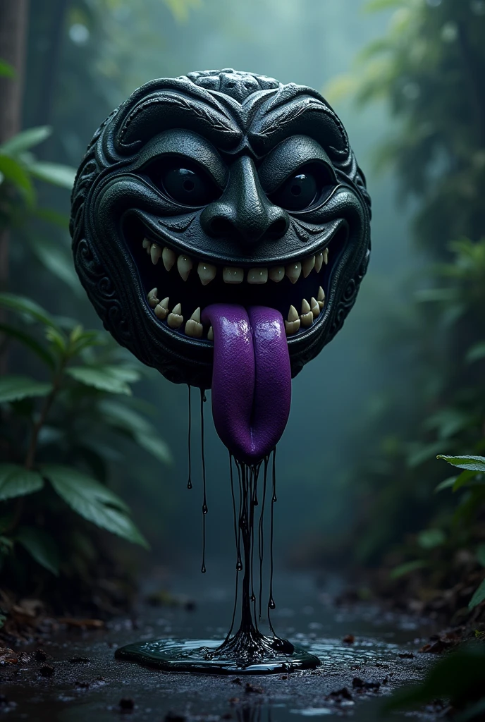 creepy tiki mask, circular mask, black mask, smiling, toothy smile, tongue hanging out of the mouth, purple tongue, floating in the air, a large amount of black oil dripping from the base of the mask,
