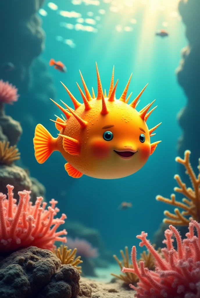 puffer fish baby ,  Big thorns all,  smile ,Big  body ,beautiful, orange