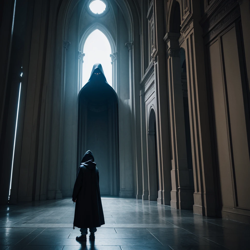 ((Best Quality)) Hooded figure gazing at the architecture of an advanced civilization with a dark color palette