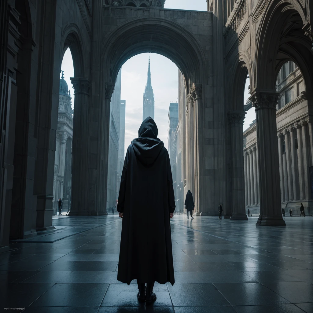 ((Best Quality)) Hooded figure gazing at the architecture of an advanced civilization with a dark color palette