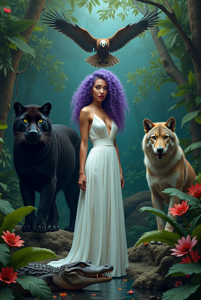 White woman with purple curly hair, Red lips, surrounded by a black jaguar, an eagle ,a wolf,A crocodile, a transparent bat and plants