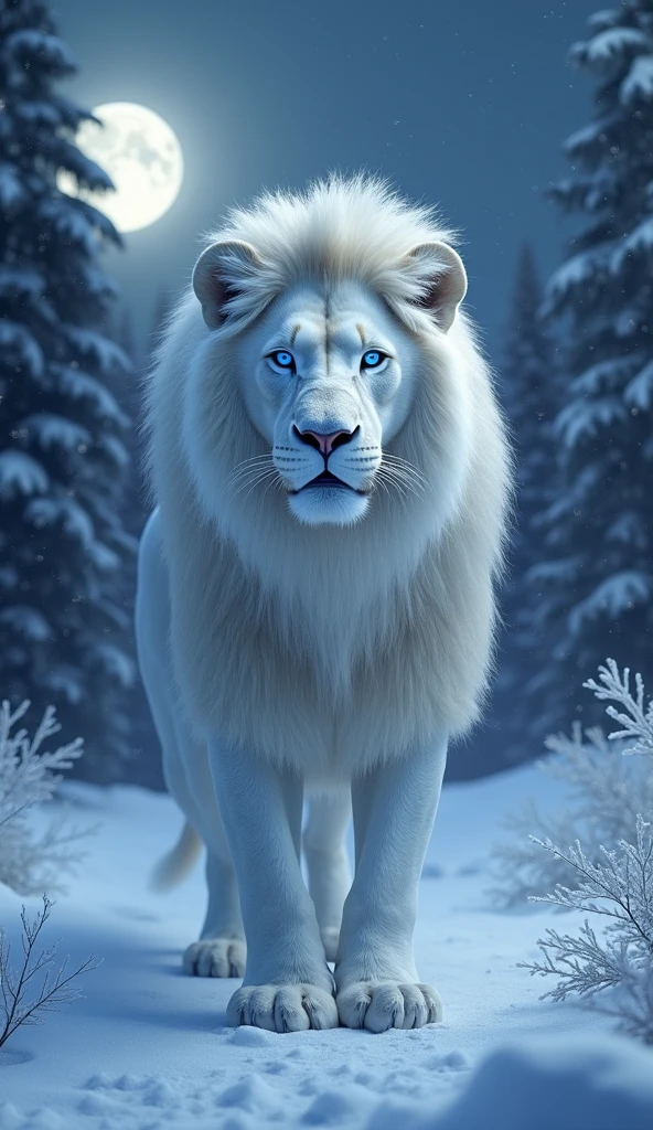 Generates a super mega ultra realistic 8k 3d image , of a strong and focused robust albino lion with blue eyes in the snows at night