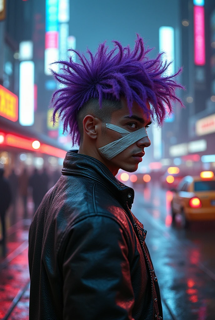 Purple-haired man with an extravagant haircut, bandages covering part of his face and an old hat