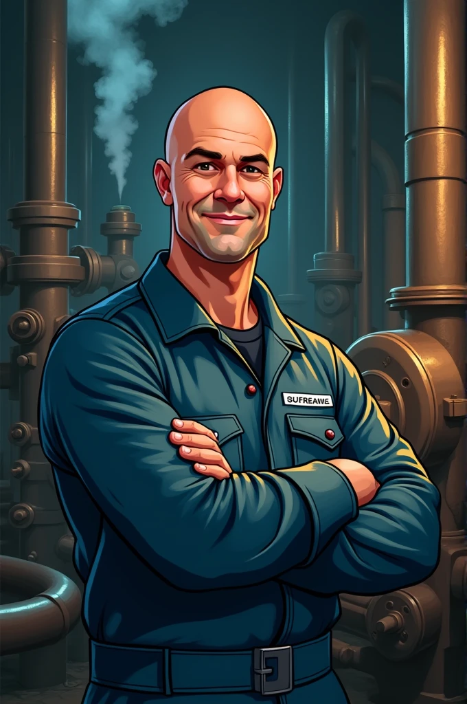 "Create an avatar-style illustration of a bald man working as a stoker in a steam engine room.. He is wearing a jumpsuit with the word &#39;CASMU&#39; on it.