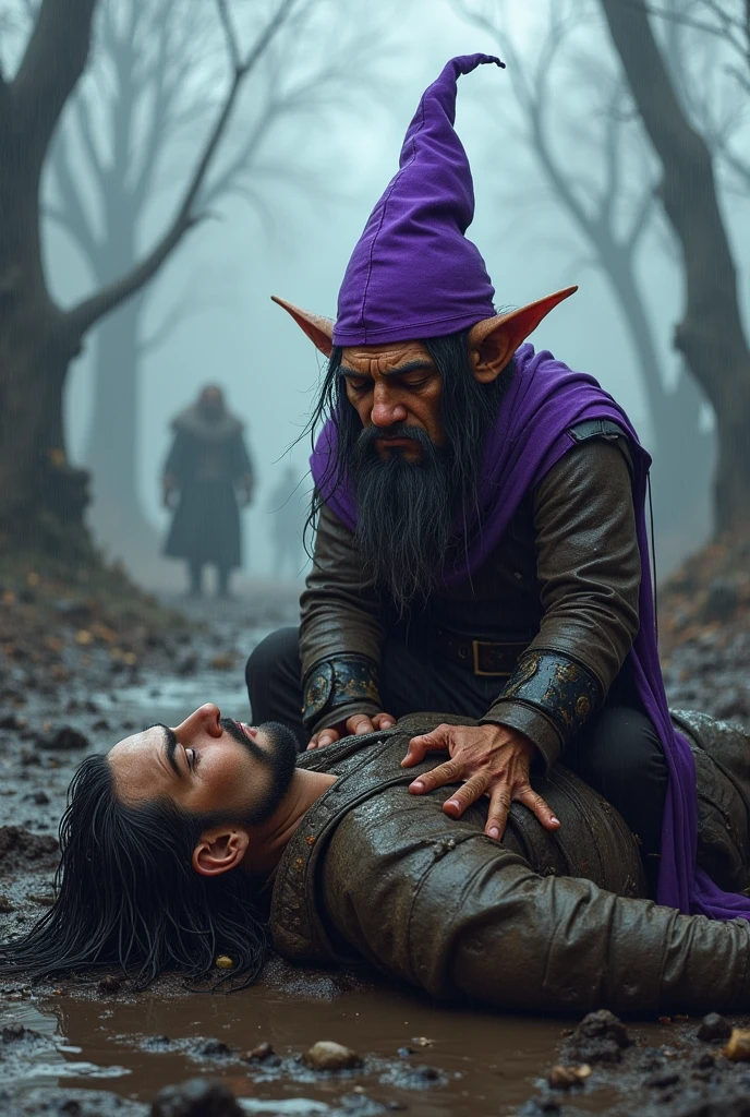 a gnome wizard, a good-looking teenager wearing a purple hat on top of a half-orc paladin, lying on the ground in the mud, the half-orc is dead and the gnome is very sad, both are covered in mud