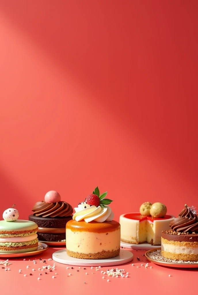 Generate an image horizontally filled with images of real cakes and snacks, all together with the minimum amount of bright red background.