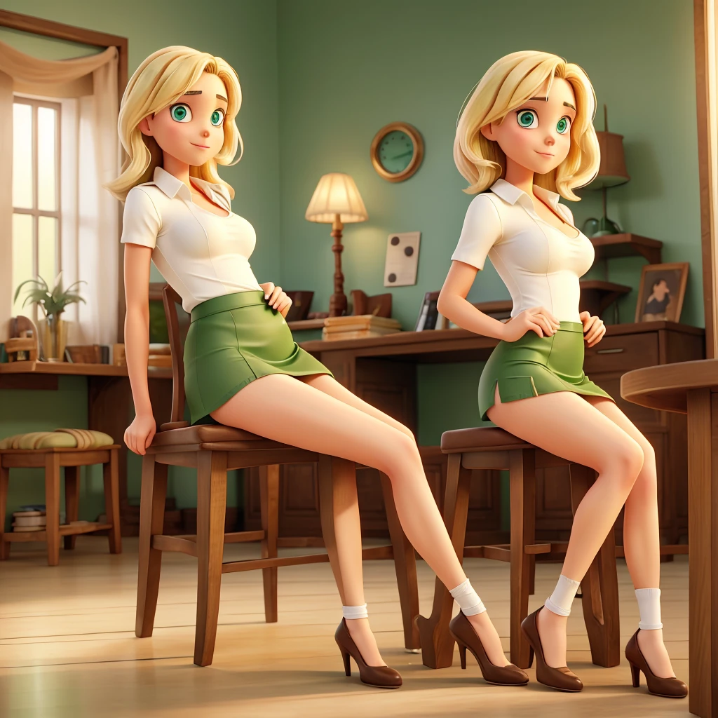 green-eyed Sharon Stone in a short skirt sits on a chair with her knees apart, focus on white panties, sunbeams, erot photoshoot, upskurt view