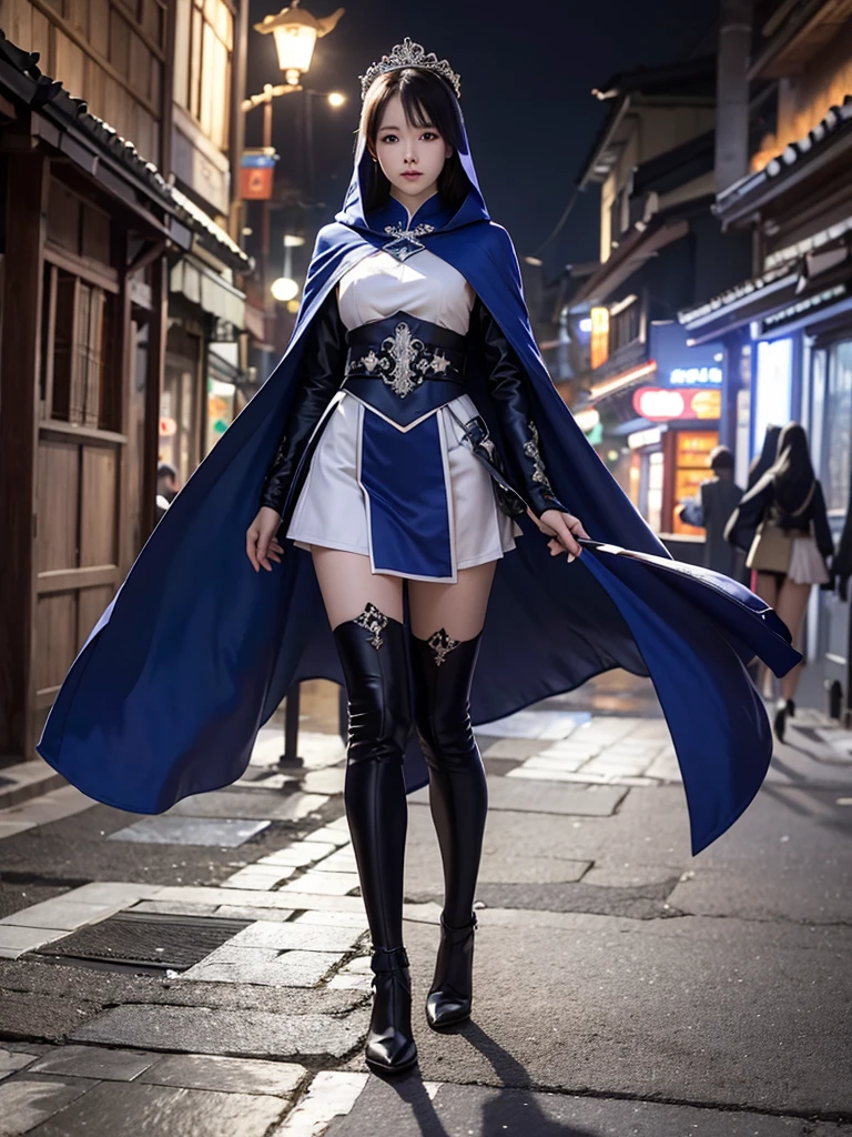 South korea walk women mystery hooded on with modern royal Blue coat with long and wide sleeves with buttons and royal Blue cape and very high white heel over the knee and white gloves, As she reveals a small secret hidden blade coming from his palm , adding to the characters mysterious, with small movements of air on the cape, in summer at night under the rain,medieval south korea house. sophisticated and highly detailed, ultra hd, realistic, hyper detailed, enhanced colours, ultra sharp focus, with vibrant, rich in details High quality, gorgeous, captivating, 8k, super detailed, stunning shadows, detailed lines, blood stain on coat and gloves, corpses in the street recently murdered
