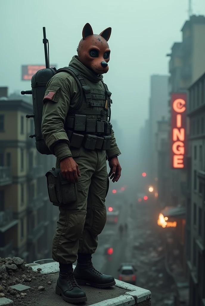 A post-apocalyptic soldier who uses parts of the casing of the destroyed and dismantled animatronic Foxy from Five Nights at Freddy&#39;s 2 as camouflage (just the mask)