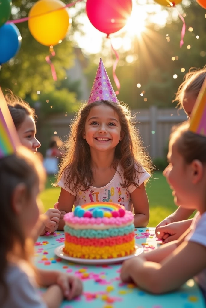 A brown-haired, blue-eyed girl at her fifth birthday party