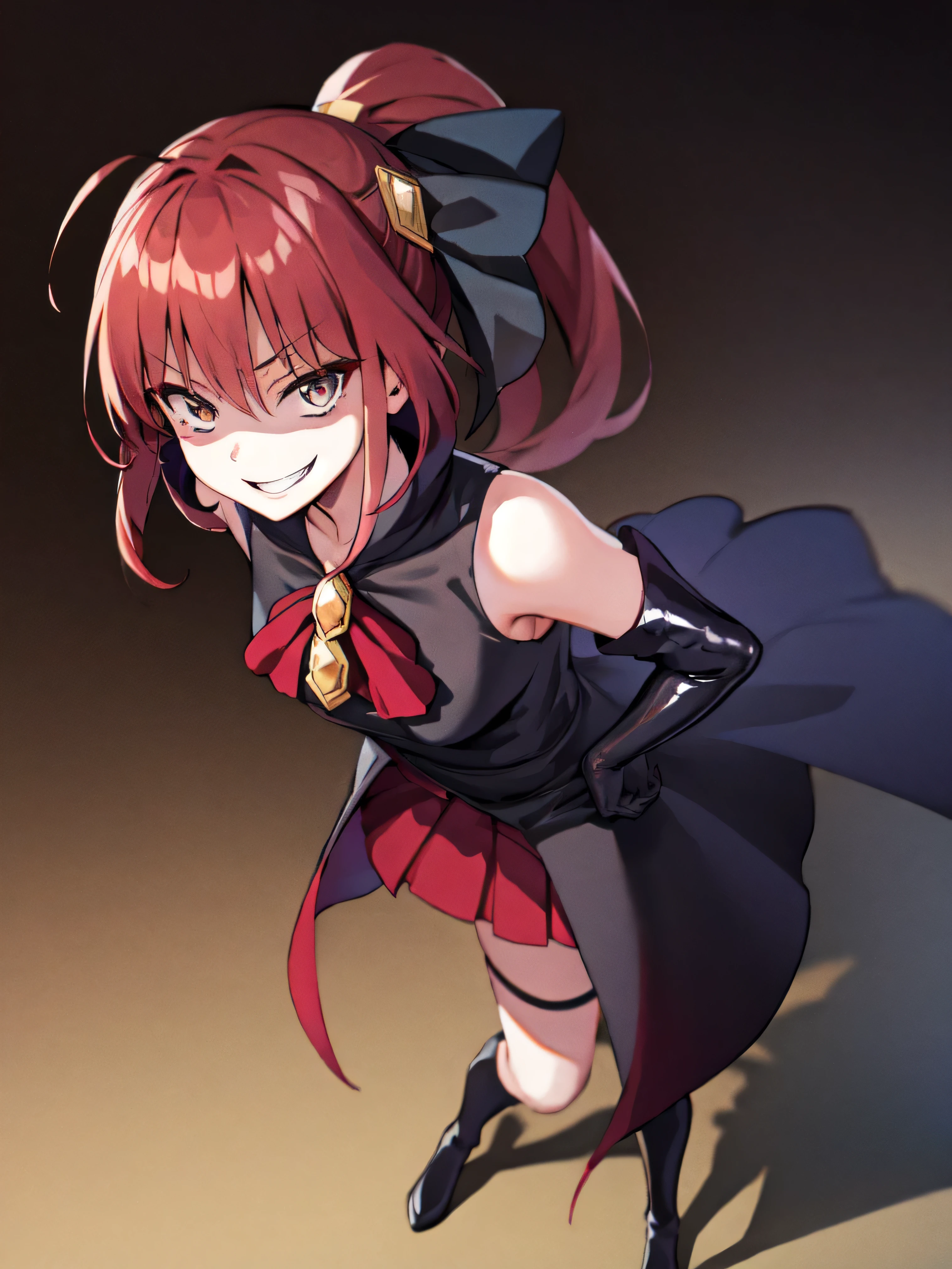 Highest quality, masterpiece, One Girl,Not beautiful, Red Ponytail, Long dress, brooch, Hair Ribbon,  Black knee socks, Standing on the rubble,  (Evil smile:1.1), ,,Dark shadow face,Sadistic smile,Malice,Contempt,smile,latex,Bad face,,Red Skirt,both hands,Two legs,Five Fingers,Evil background,Elbow hand pockets,latex, Evil smile, Debish Aura (Shiny fabric:1.5),Dark world background,独奏,


