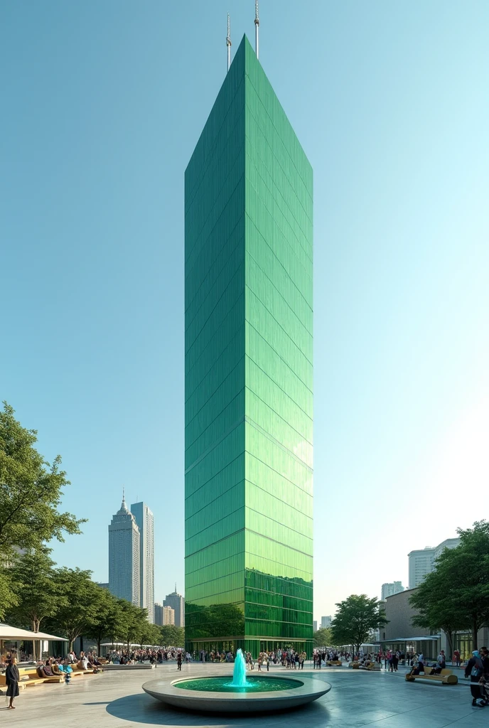 Generate a 105-story building as a thin vertical rectangle ,made of lime green and cyan glass with a square where there are people on the benches and visiting the building and a circular fountain that protrudes 40cm and that all the water falls on the bottom of the fountain that absorbs the water with water and a globe with a thing to stop it dark blue and lime green and that the tower has a lime green and cyan antenna