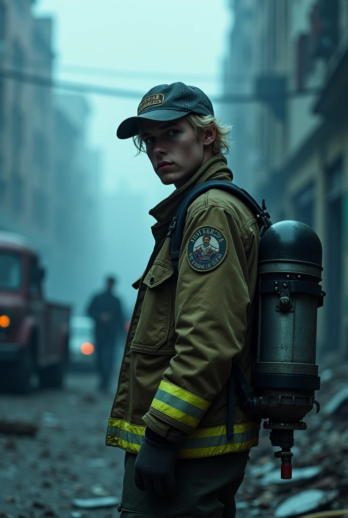 Create a zombie apocalypse survivor wearing firefighter clothes, a police vest, blond hair, a sideways baseball cap, with his head turned towards the camera in a bluish setting.