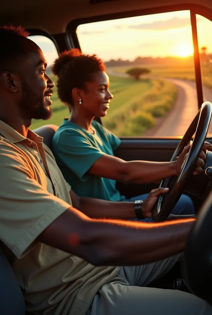Create an image of a dark-skinned man driving a Hilux pickup truck alongside a dark-skinned nurse.
