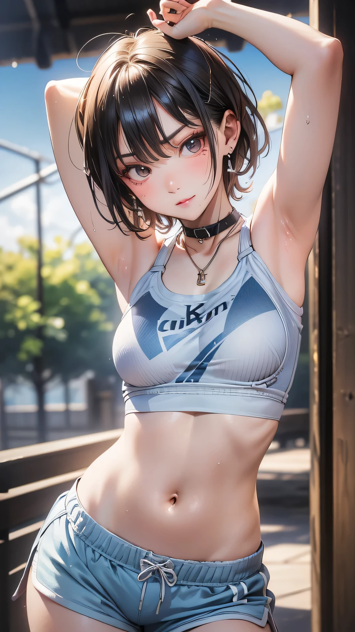 (masterpiece: 1.3), (8k, Realistic, RAW Photos, Highest quality: 1.4), Japanese girl, (Random Hairstyles: 1.2), (Micro Bikini: 1.2), (Ultra Detail Face, Attention to detail, double eyelid, Sharp focus: 1.2), (Cute Woman: 1.4), Light brown hair, Highest quality, masterpiece, Ultra-high resolution, (Realistic:1.4), Highly detailed and professionally lit smile, Playground Background, Athlete stretching, tight white crop top, Light blue racing shorts, Shiny sweat, Serious expression, short hair, Strong thighs, tight thin waist