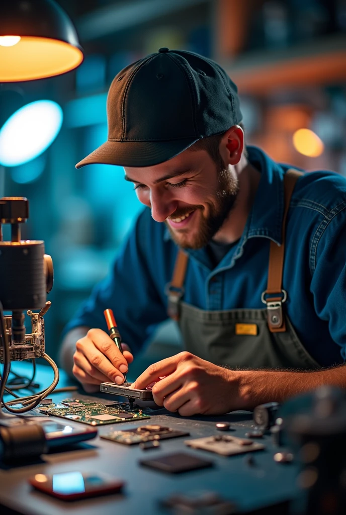 Young American cell phone repair technician without glasses wearing a cap. In his workshop with soldering tools, hot air station heat press, and repairing a cell phone with a lit background technology theme.