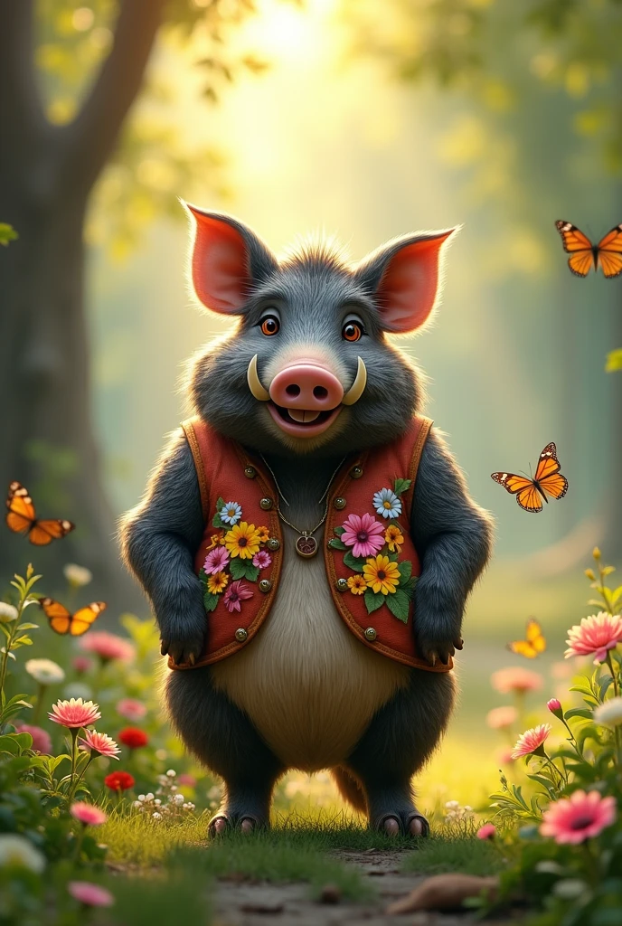 A happy humanoid boar