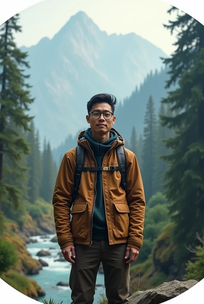**Prompt**: "Design a high-resolution circular YouTube channel display image for a nature-focused channel featuring a 28-year-old Asian man standing. The background should be rich and immersive, featuring natural elements such as dense forests, mountains, or beautiful rivers. In the middle, picture a man with a calm and satisfied expression, perhaps wearing outdoor gear, standing or sitting in a natural setting. The overall vibe should be adventurous and grounded, with understated tones and natural light that conveys a deep connection with the outdoors. Make sure the design is clean, easy to recognize, and reflects themes of nature exploration, serenity, and rudeness."

