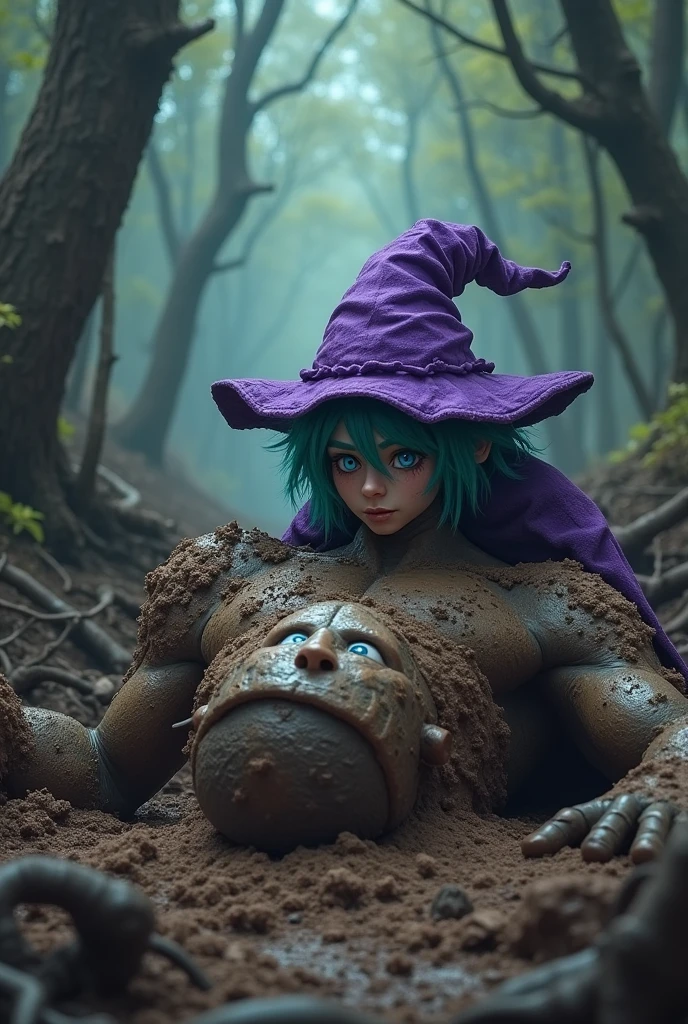 a gnome wizard, a good-looking ager wearing a purple hat on top of a half-orc paladin, lying on the ground in the mud, the half-orc is dead and the gnome is very sad, both are covered in mud