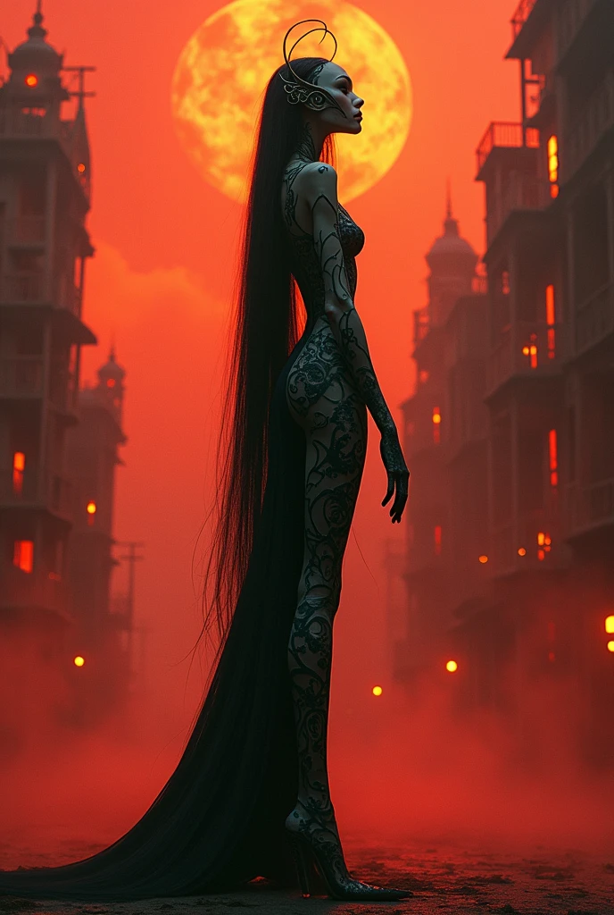 A tall praying mantis woman with long black hair and a slender body.
And she's in the hell of Hazbin hotel.