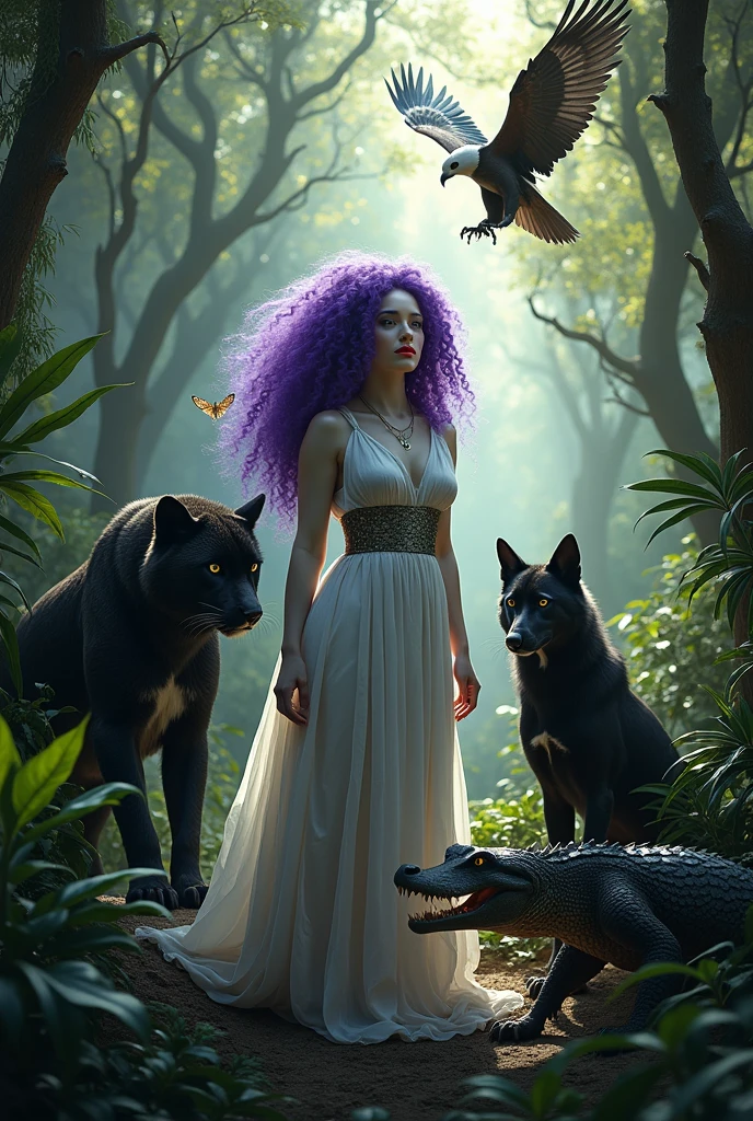 White skinned woman with purple curly hair, Red lips, surrounded by a black jaguar, an eagle ,a wolf,A crocodile, a transparent bat and plants