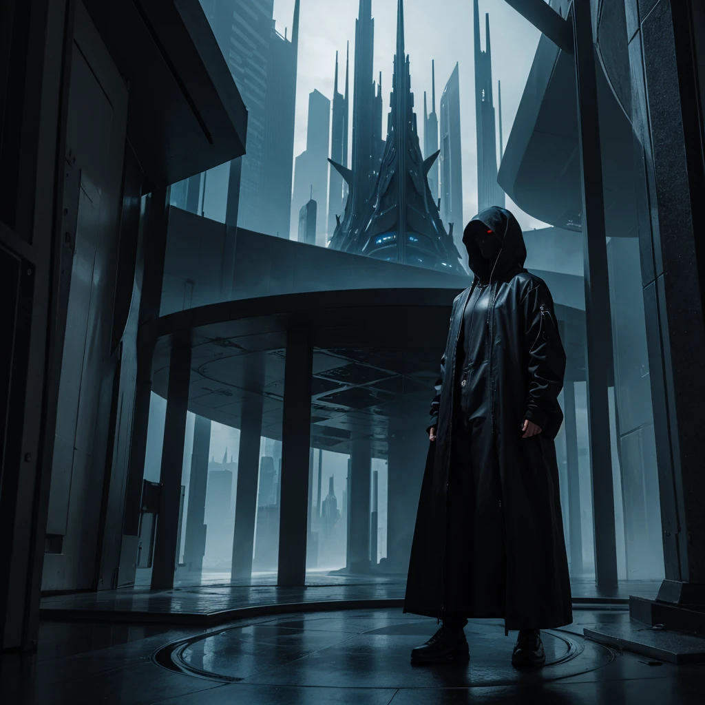 ((Best Quality)) Hooded figure gazing at the futuristic architecture of an advanced civilization with a dark color palette.