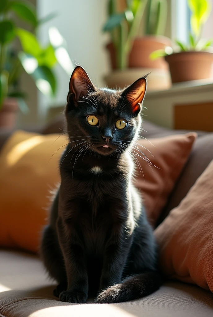 A small black cat with white on the head with green stripes 