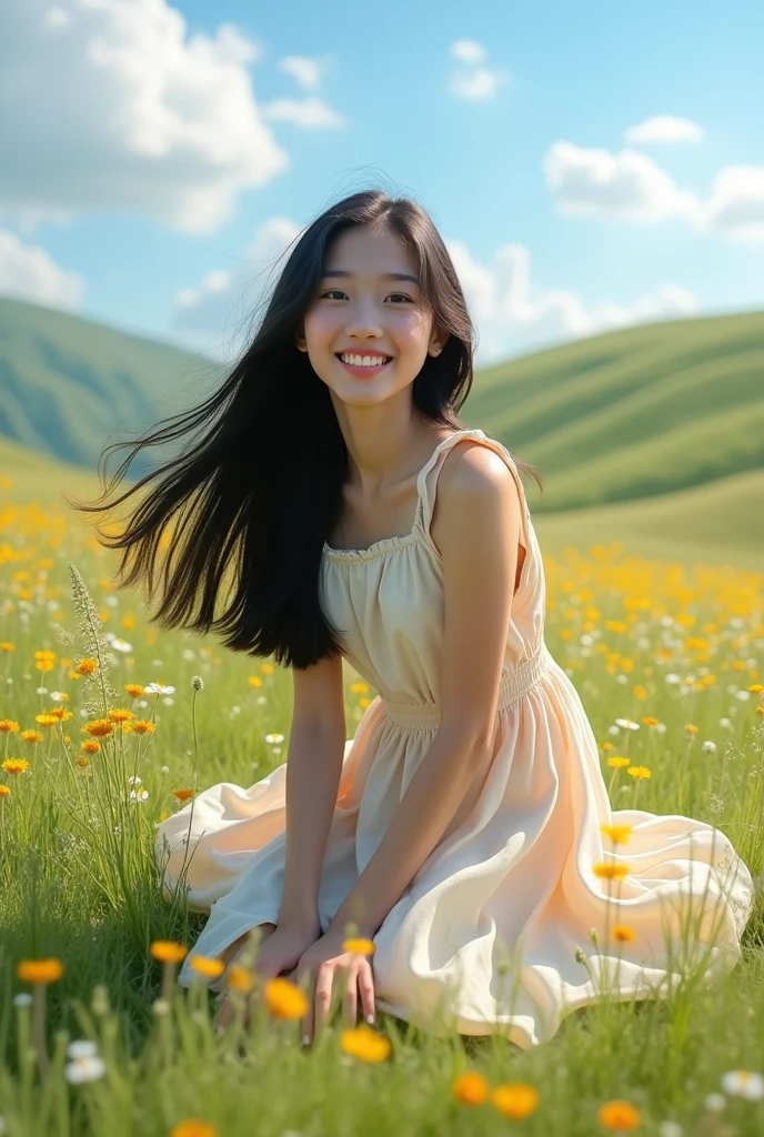 19-year-old teenage girl smiling beautifully, Bblack hair, kneeling, and the pose of the photo above
