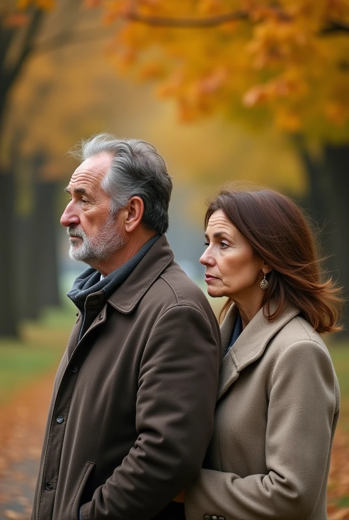 48-year-old man and woman, with brown hair, side by side and they are not smiling