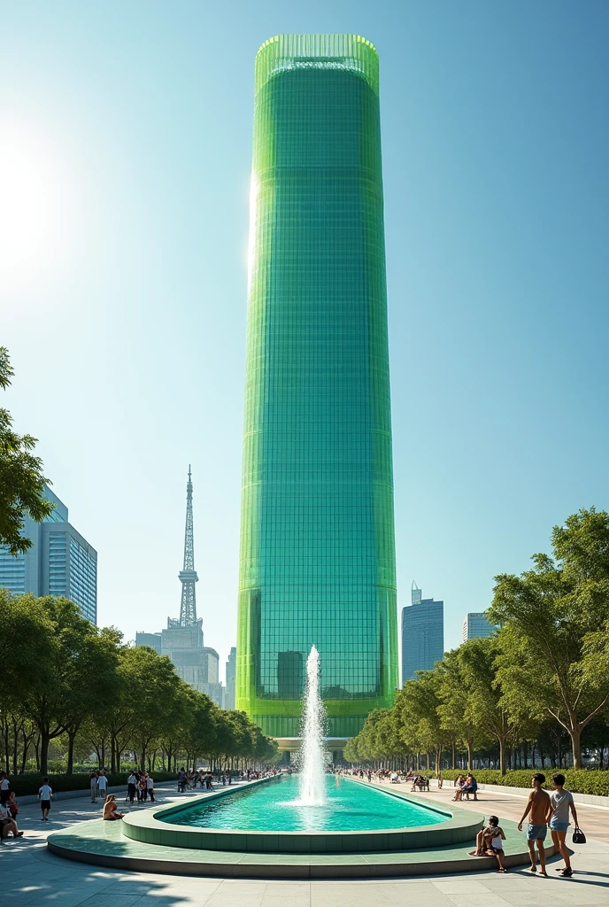 Generate a 105-story building as a thin vertical rectangle ,Made of lime green and cyan glass with a plaza where people are sitting on benches and visiting the building. There is a circular fountain that protrudes 40 cm, without a rim so the water can spill over. The water should fall all the way down to the bottom of the fountain where it is absorbed. There is a globe with a stand, in dark blue and lime green, and the tower has a lime green and cyan antenna.