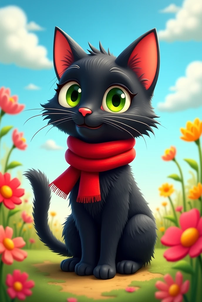 Draw me a black cat with a red scarf around its neck, cartoon style 