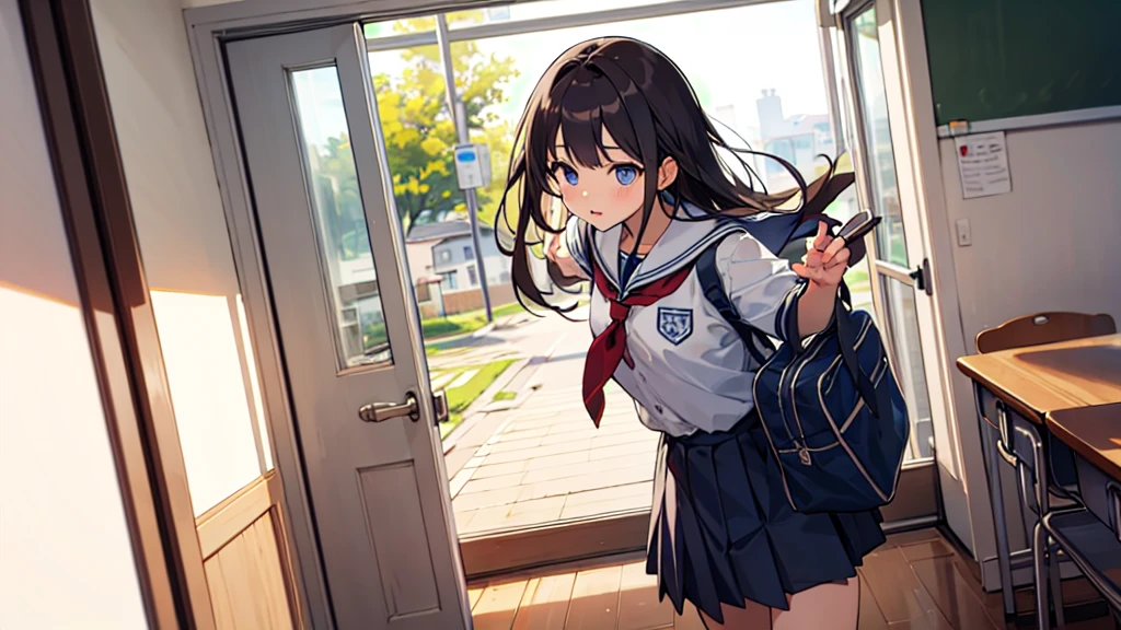 A gal girl opens the classroom door with force。