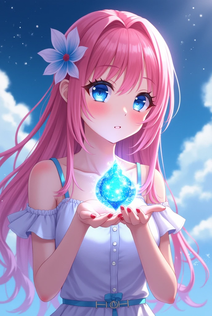 Anime girl with pink hair and blue eyes holding a blue crystal, Detailed key anime art, official work, Best Anime 4K Konachan Wallpaper, anime splash , detailed digital anime art, Ayaka Genshin Impact, visual anime of a cute girl, Light novel cover, Moe anime art style, cushart krenz art key women