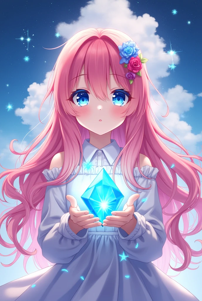 Anime girl with pink hair and blue eyes holding a blue crystal, Detailed key anime art, official work, Best Anime 4K Konachan Wallpaper, anime splash , detailed digital anime art, Ayaka Genshin Impact, visual anime of a cute girl, Light novel cover, Moe anime art style, cushart krenz art key women