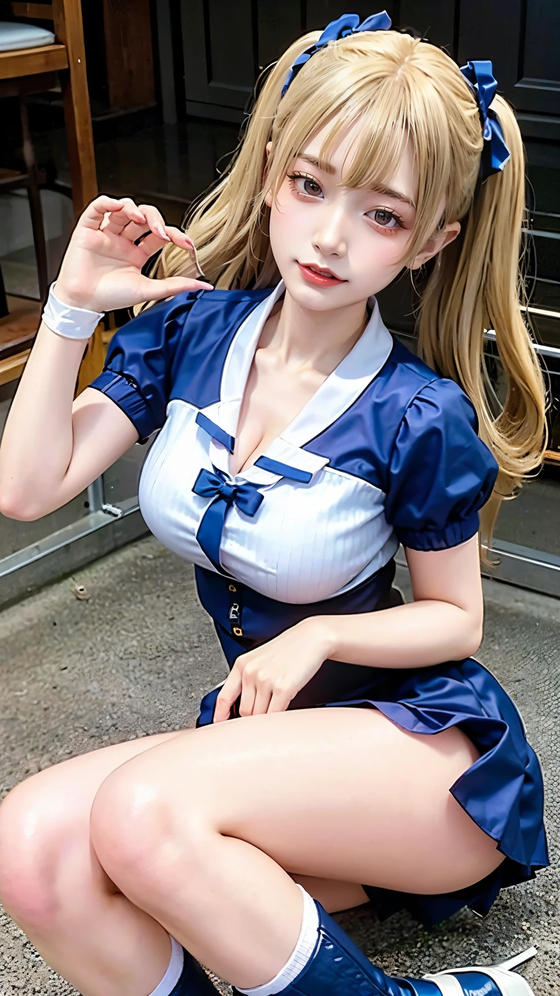 (Very delicate and beautiful:1.2)super model,,Big Breasts,Beautiful breasts,voluptuous,【bike shorts】,,【3girls】,,Highest quality, High resolution, 8K,mini skirt,Navy blue frilly sailor suit,Blonde twin tails,ta Style,Right hand bandaged,boots