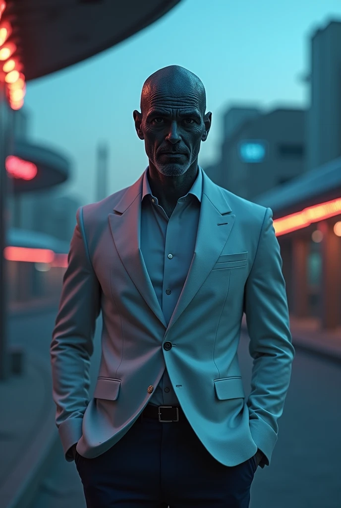 A man with gray skin resembling a carapace, Average height, wearing white and dark blue suits