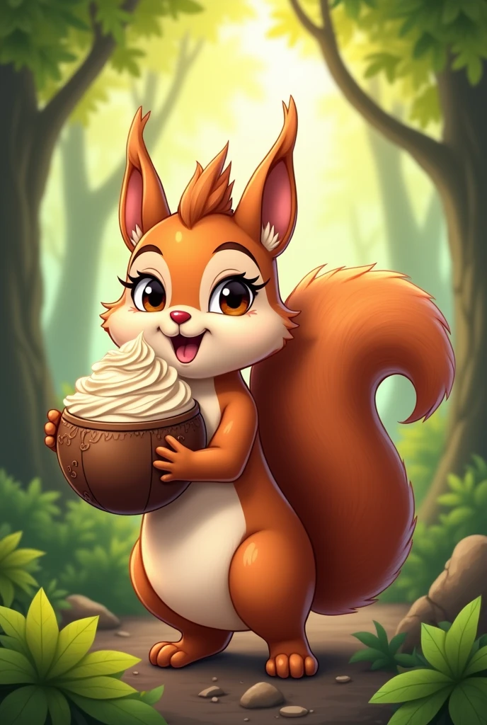 Female squirrel holding a nut-shaped frappe for a logo