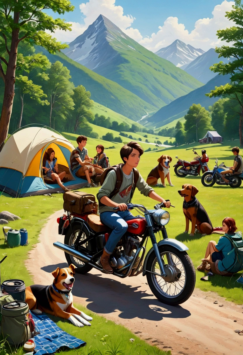 Young people on a trip on an American-type motorcycle, multiple people, camping, friendship, youth, countryside, mountains, dog friends, best picture quality.