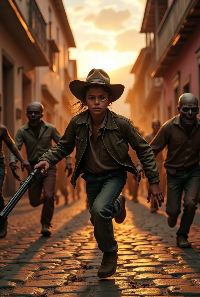  Carl Grimes (14 year old boy, with }The right eye bandaged and a sheriff's hat )  RUNNING AND GUNNING IN A HORDE OF ZOMBIES, ALL THIS HAPPENING IN CUZCO