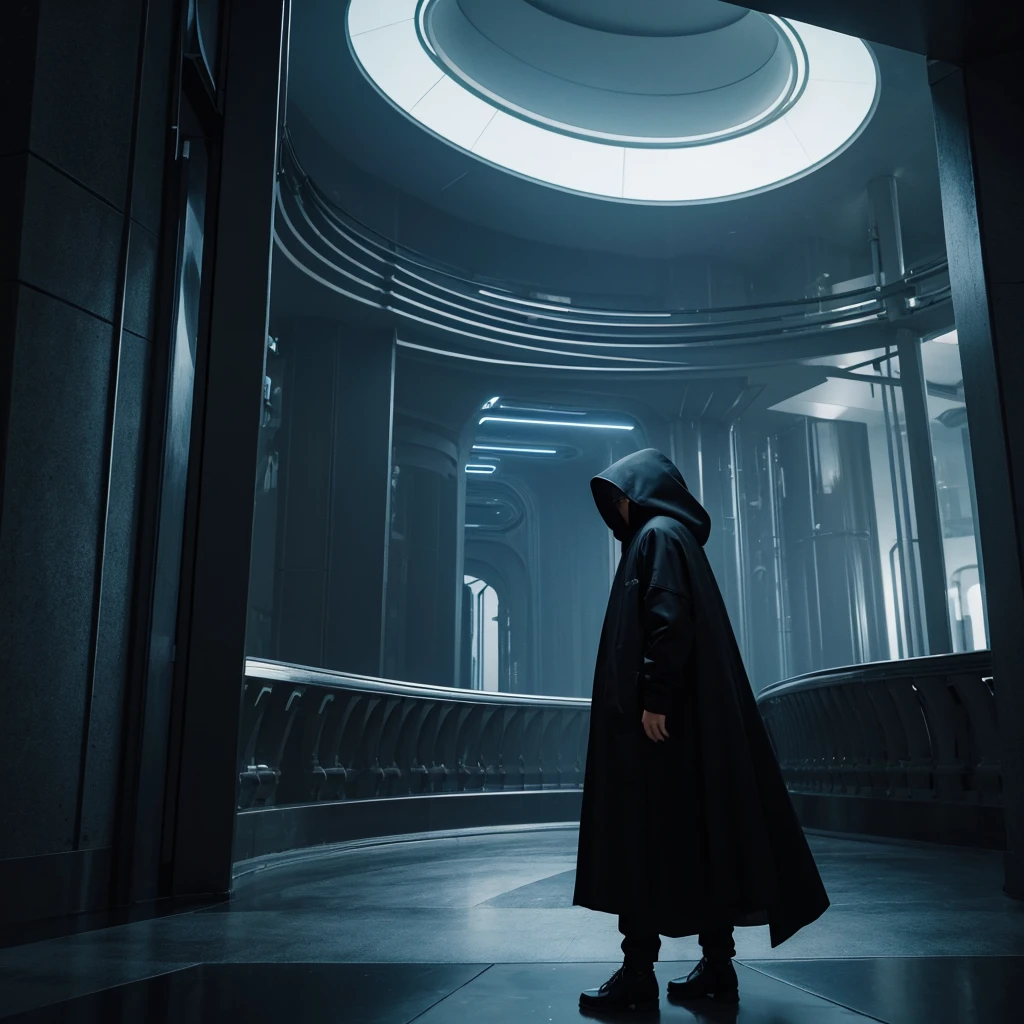 ((Best Quality)) Hooded figure gazing at the futuristic architecture of an advanced civilization with a dark color palette.