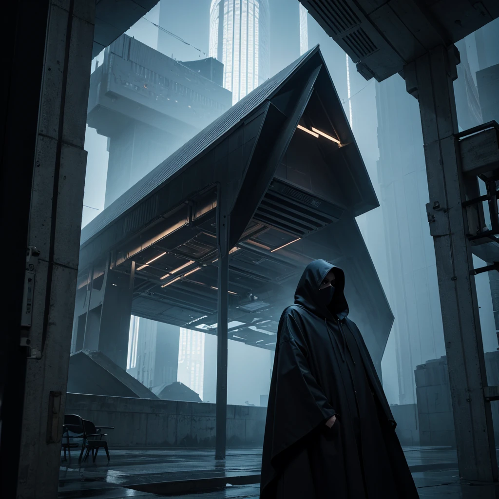 ((Best Quality)) Hooded figure gazing at the futuristic architecture of an advanced civilization with a dark color palette.
