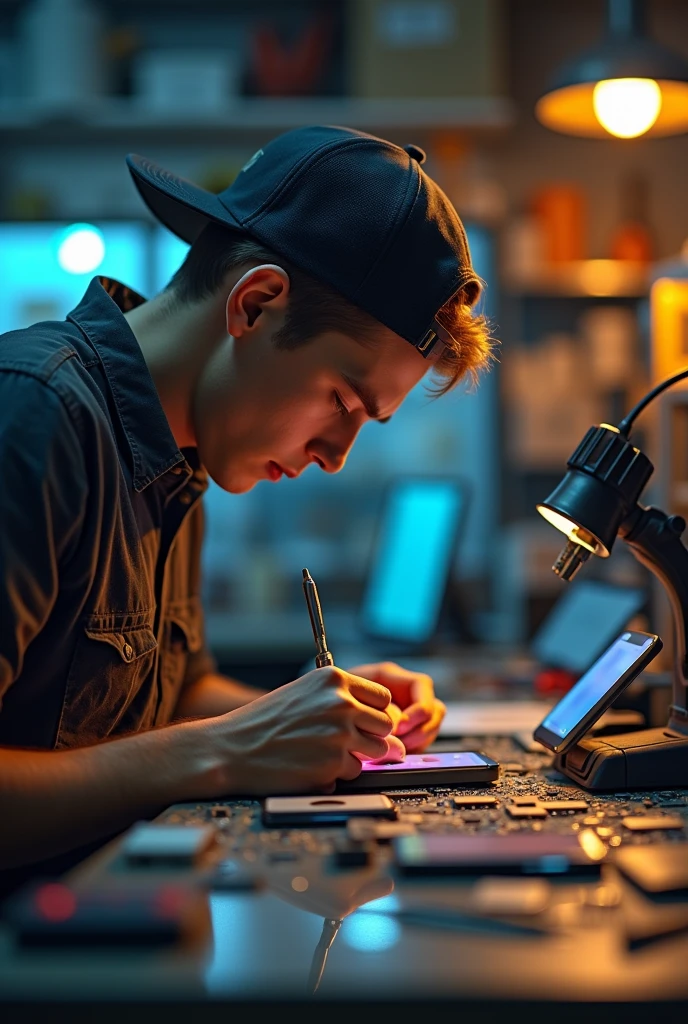 Young cell phone repair technician without glasses wearing a backwards cap. In his workshop with soldering tools, hot air station heat press, and repairing a cell phone with a lit background technology theme.