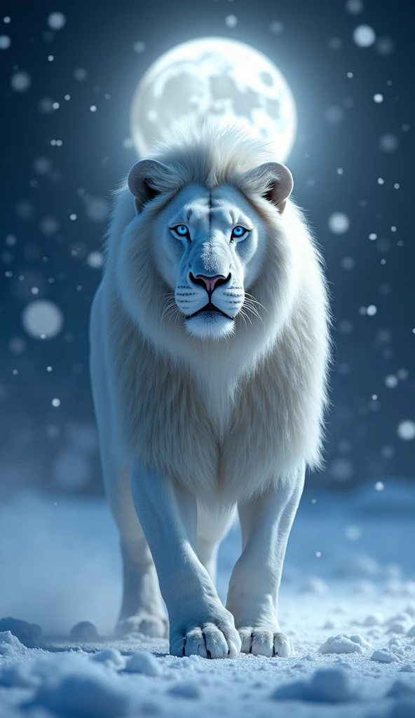 Generates a super mega ultra realistic 8k 3d image , of a strong and focused robust albino lion with blue eyes in the snows at night