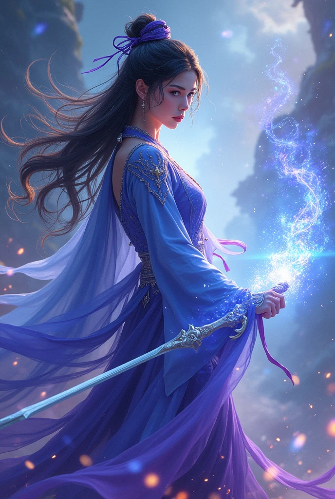 a woman dressed in blue and purple holding a sword, dueling style, full portrait of elementalist, Ayaka Genshin Impact, kda, Whole body! shooting, Whole body xianxia, sss style.cricket man (2018), genshin impact keqing, intertwined Whole body view, symphonic team