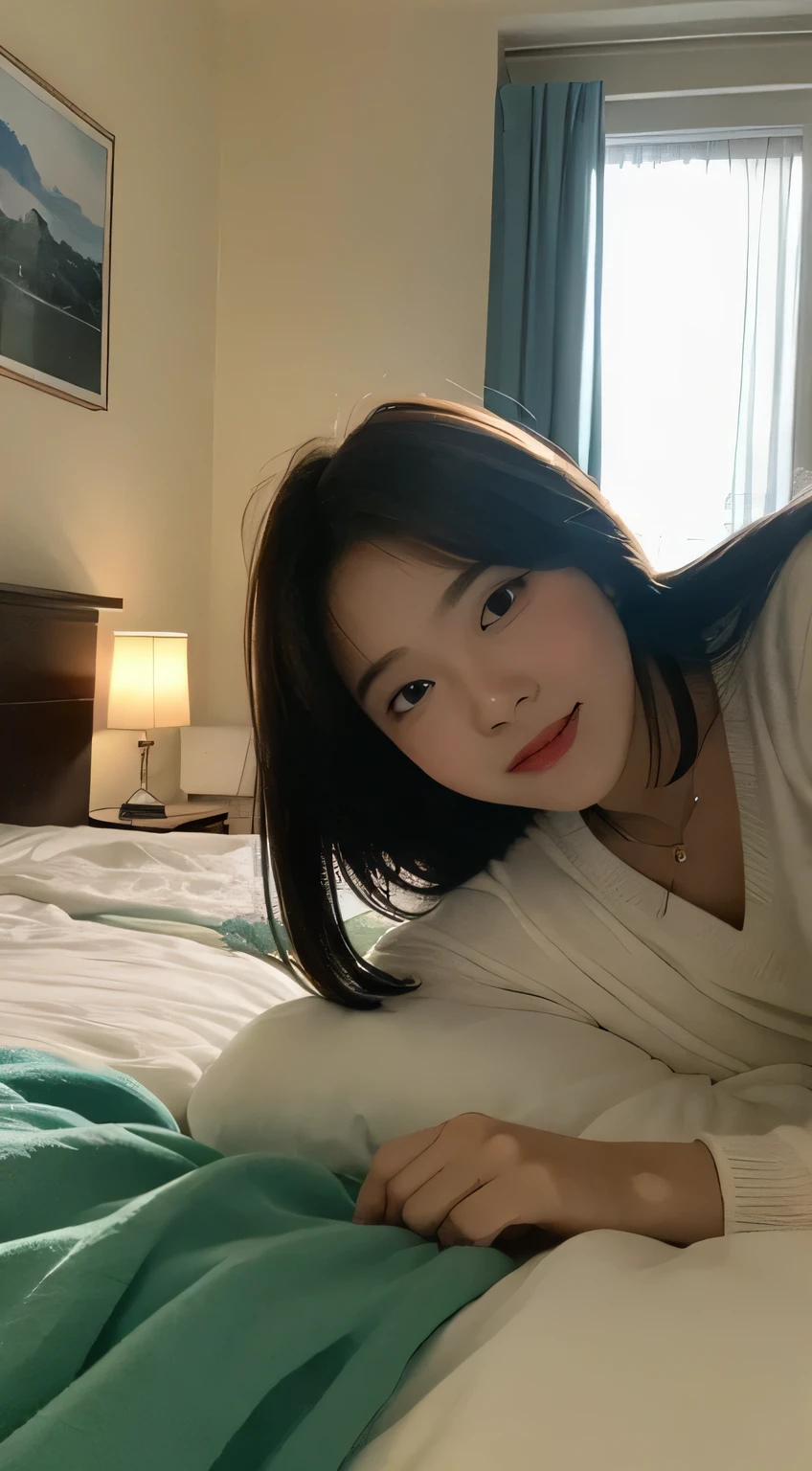 on a bed in a room, best quality, head of&#39;artwork, ultra haute résolution, 8k, RAW, HD, 4K, Realist, reel, (photo realistic:1.4), Physics-based rendering, depth of ﬁeld, regarder les spectateurs, mince, (Session:1.1), in the bedroom, beautiful detailed face, 1 fille, Mignon, young, nose blush, grands yeux noirs, bouche fermer, smalll breasts, Brown hair, long straight hair, no bangs, front not hidden by hair, bouche fermer, detailed clothing, (pyjamas:1.3), no shoes ,pureerosface_v1,