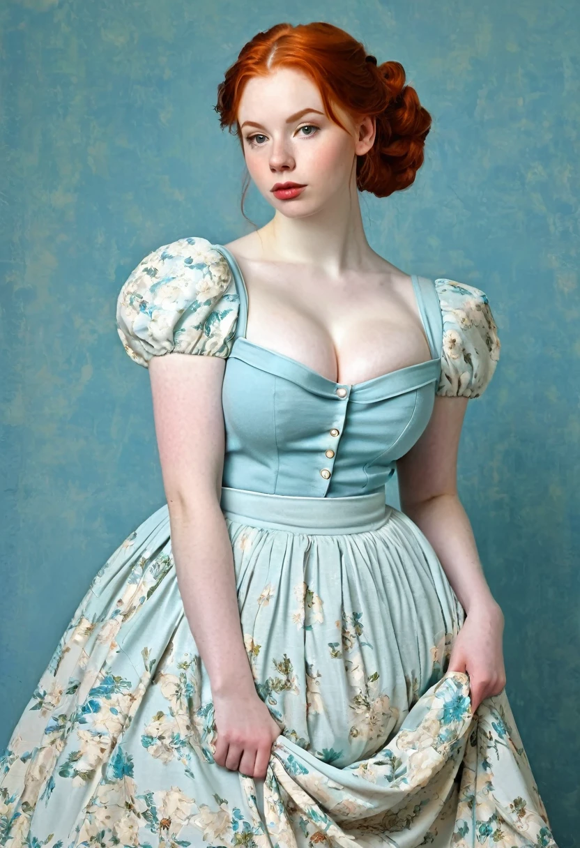 pale skin muscular redhead 18 year old woman huge breasts long dress in the style of Norman Rockwell